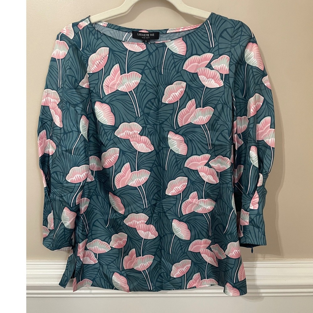Lafayette 148 Size 0 Silk Blouse Empress Teal Pink Floral Print Balloon Sleeve